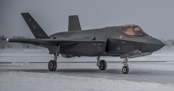 A U.S. Air Force F-35A sits on the flight line before testing and evaluation on Jan. 23, 2018, at Eielson Air Force Base, Alaska. All three variants of the F-35 were brought to Eielson to test their ability to operate in an extreme cold-weather environment. (Airman 1st Class Isaac Johnson/U.S. Air Force)