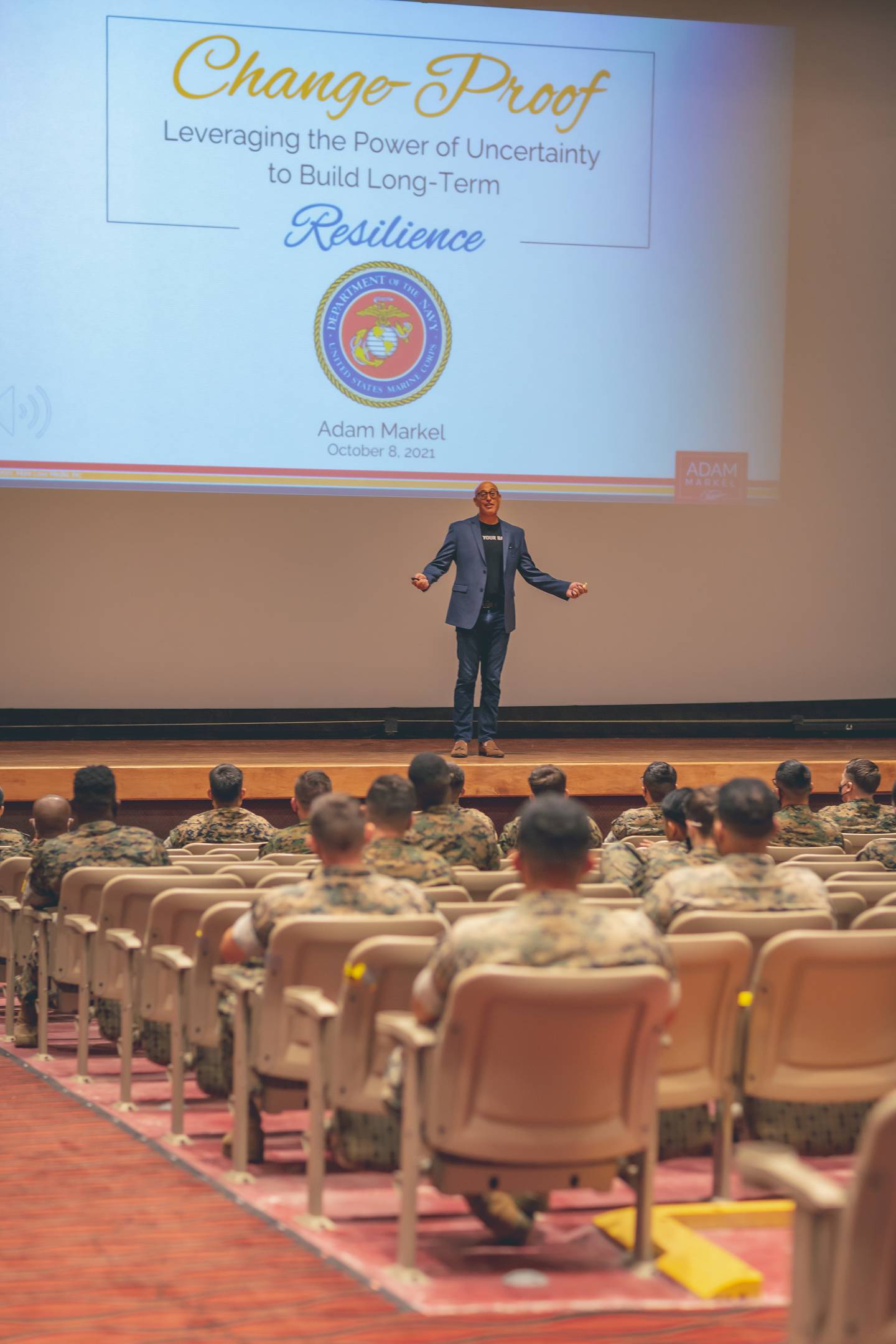 Adam Markel, the CEO at More Love Media Group, speaks to U.S. Marines with the I Marine Expeditionary Force Information Group at Marine Corps Camp Pendleton, California, Oct. 8, 2021.