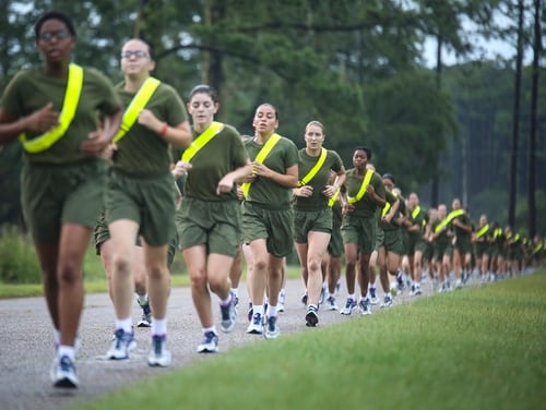 Marine Corps recruits finish of the run portion of their strength test on Parris Island on July 20, 2018. On Friday, Veterans Affairs Secretary Robert Wilkie said his department needs to do more to be ready for the surge in women veterans expected in coming years. (Sgt. Dana Beesley/Marine Corps)
