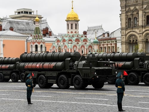 Russian S-400 Triumph medium-range and long-range surface-to-air missile systems ride through Red Square during the Victory Day military parade in Moscow on May 9, 2017. (Kirill Kudryavtsev/AFP via Getty Images)