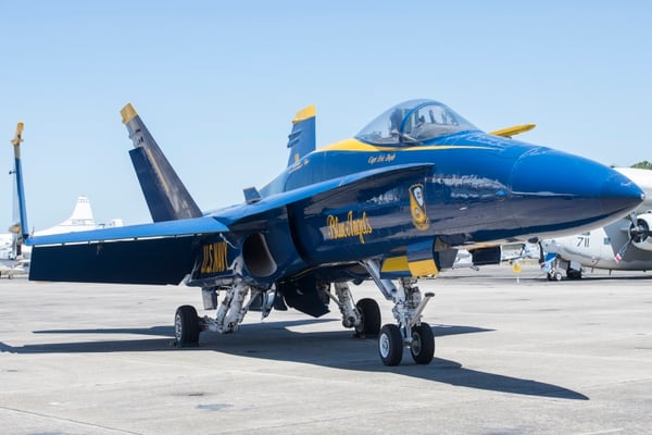 A Blue Angels F/A-18 Hornet is displayed on the flight line for visitors at the National Naval Aviation Museum in Pensacola on April 2. (Gregg Pachkowski/Pensacola News Journal via AP)