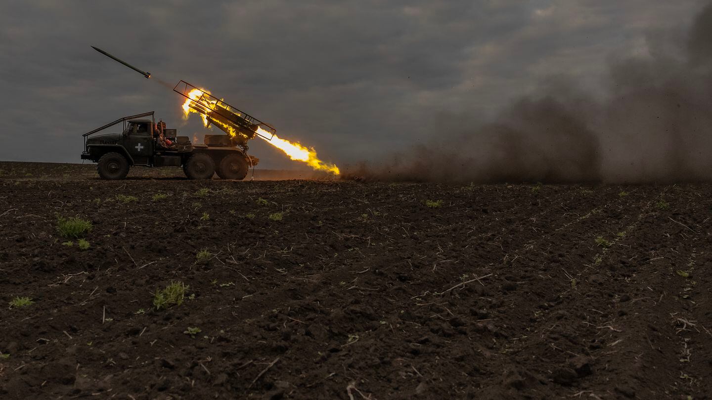 Ukrainian servicemen fire a BM-21 Grad multiple rocket launcher toward Russian positions in the Kharkiv region on May 15, 2024. (Roman Pilipey/AFP via Getty Images)