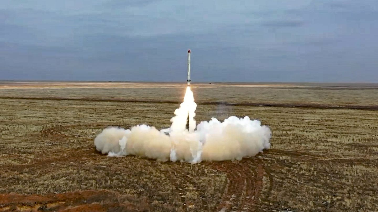 A Russian Iskander-K missile launches during a military exercise at a training ground in Russia. (Russian Defence Ministry Press Service via AP)