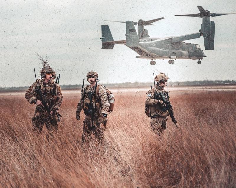 U.S. Air Force Special Tactics operators prepare to conduct a simulated medevac mission on March 2, 2020, near Constanta, Romania, using the 352 SOW's CV-22B Osprey.