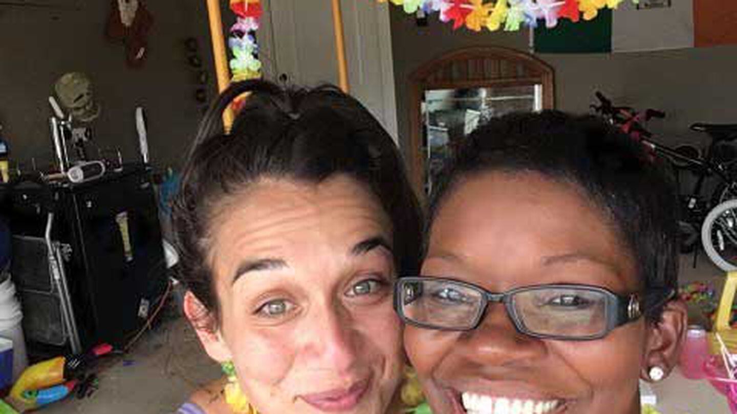 Andrea Rathbun with her new friend, Jana. They met at a children’s birthday party. Photo courtesy of the author.