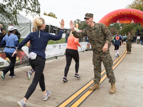 Participants from around the world take part in the 43rd annual running of the Marine Corps Marathon in 2018, traveling on a monumental course through Washington, D.C. and finishing at the Marine Corps War Memorial, Arlington, Virginia. (Staff Sgt. Alexandria Blanche)