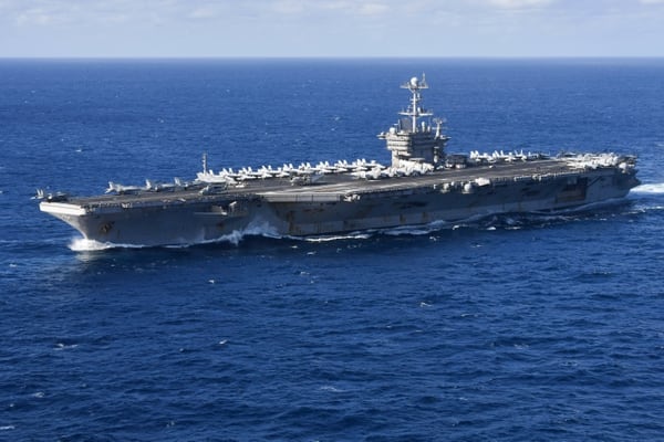 The Nimitz-class aircraft carrier Harry S. Truman sails the Atlantic Ocean on April 7. (Mass Communication Specialist 3rd Class Maxwell Higgins/Navy)