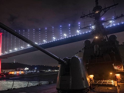 The guided-missile destroyer Donald Cook passed through the Bosphorus Strait, en route to the Black Sea, on Saturday. (Mass Communication Specialist 2nd Class Ford Williams/Navy)