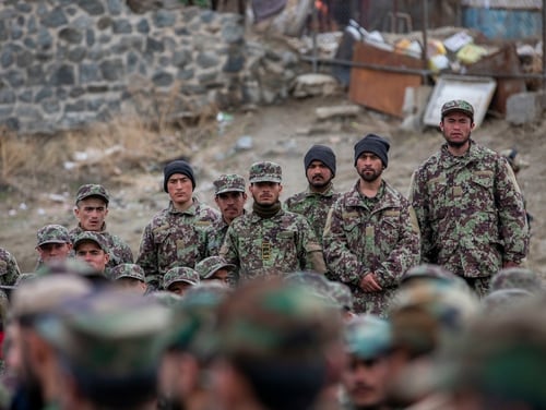 Afghan National Army trainees stand while waiting to be greeted by Afghan Minister of Defense Asadullah Khalid, Deputy Defense Minister Dr. Yasin Zia and Resolute Support Commander Gen. Scott Miller in Kabul, Afghanistan, March 5, 2020. (Spc. Jeffery J. Harris/Army)