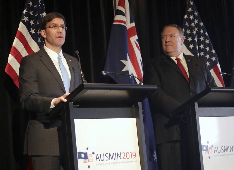 U.S. Secretary of Defense Mark Esper, left, and U.S. Secretary of State Mike Pompeo brief the media at a press conference following annual bilateral talks with Australian counterparts in Sydney, Australia, Sunday, Aug. 4, 2019.