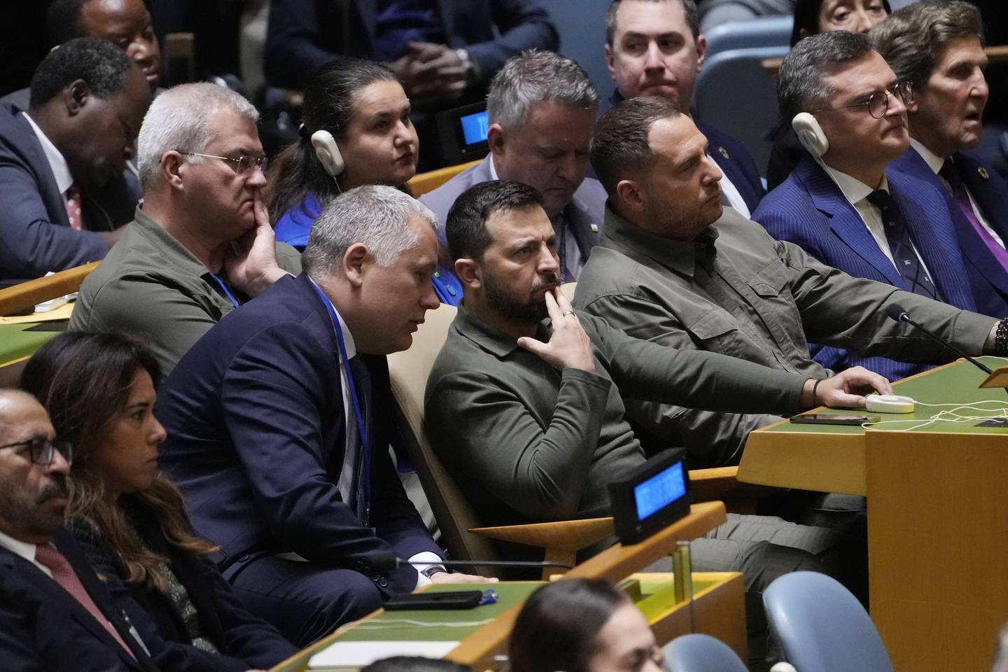 Ukrainian President Volodymyr Zelensky listens as President Joe Biden addresses the 78th United Nations General Assembly in New York, Tuesday, Sept. 19, 2023.