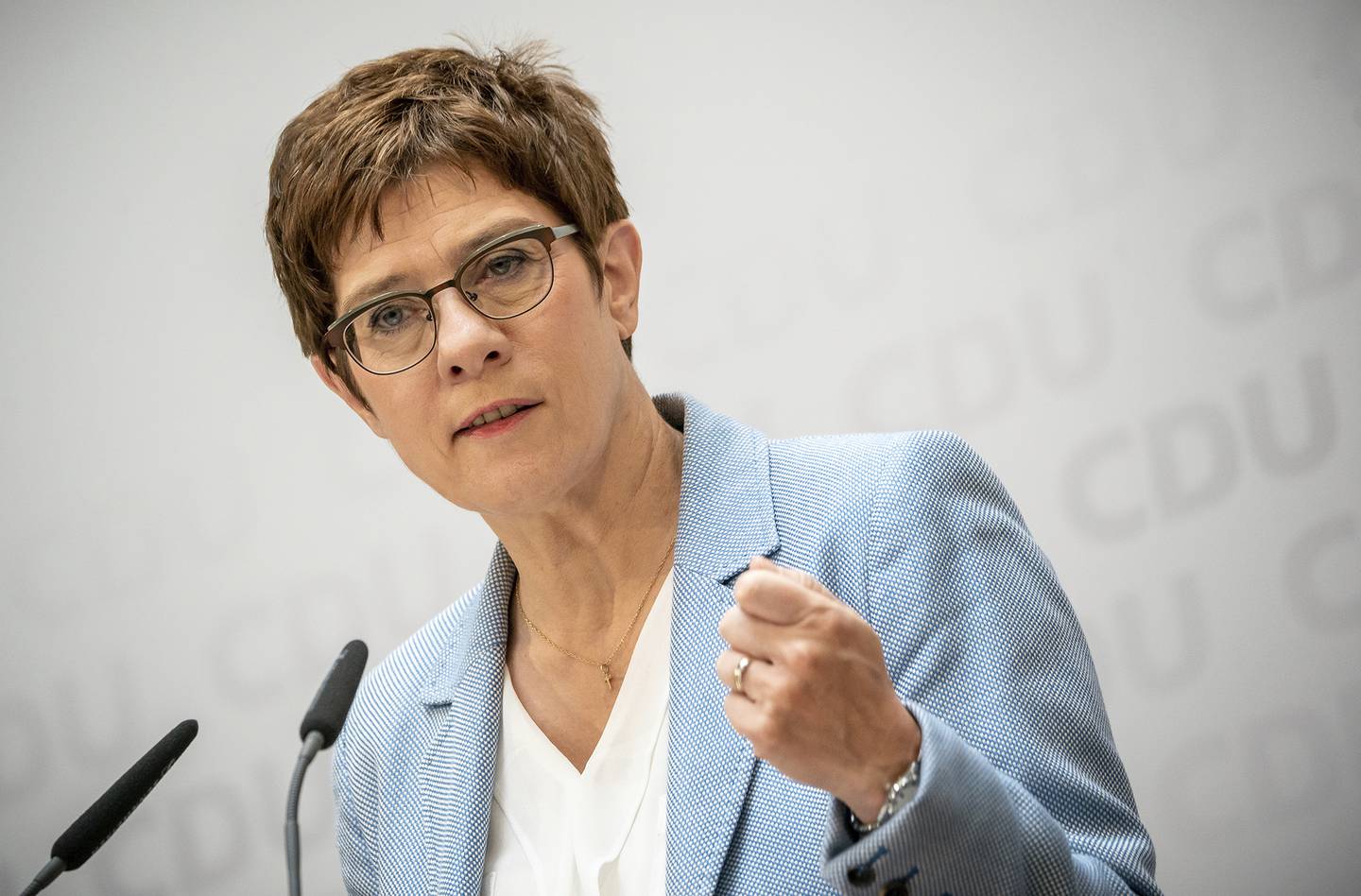 Annegret Kramp-Karrenbauer, Christian Democratic Union, CDU, party chairwoman and German minister of defense, speaks at a news conference  following a CDU leaders meeting at the headquarters in Berlin