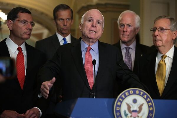 (Left to Right) U.S. Sen. John Barrasso, R-Wyo., Sen. John Thune, R-S.D., Sen. John McCain, R-Ariz., Senate Majority Whip Sen. John Cornyn, R-Texas, and Senate Majority Leader Sen. Mitch McConnell, R-Ky., participate in a news briefing May 24, 2016 on Capitol Hill in Washington, D.C. (Alex Wong/Getty Images)