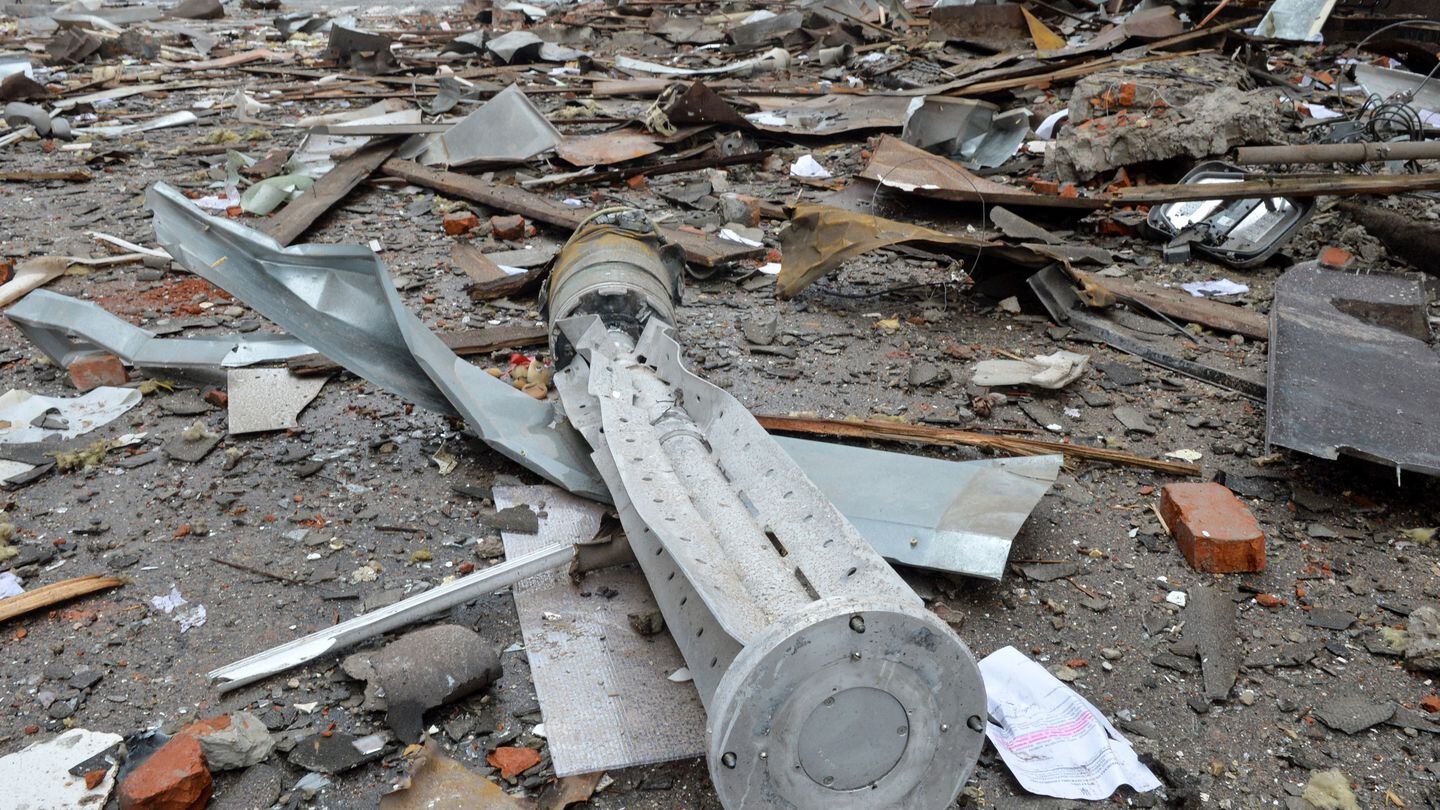 A view shows the internal components of a 300mm rocket which appear to contained cluster bombs launched from a BM-30 Smerch multiple rocket launcher in Ukraine's second-biggest city of Kharkiv on March 3, 2022, following Russia's invasion of Ukraine. Ukraine and Russia agreed to create humanitarian corridors to evacuate civilians on March 3, in a second round of talks since Moscow invaded last week, negotiators on both sides said. (Photo by Sergey BOBOK / AFP) (Photo by SERGEY BOBOK/AFP via Getty Images)