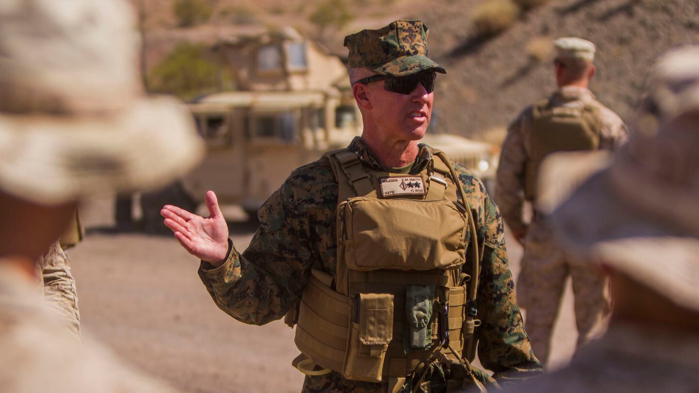 Then-Maj. Gen. Eric Smith, the commanding general for 1st Marine Division, speaks with Marines about training and current events in Twentynine Palms, California, in 2017. (Cpl. Justin Huffty/Marine Corps)