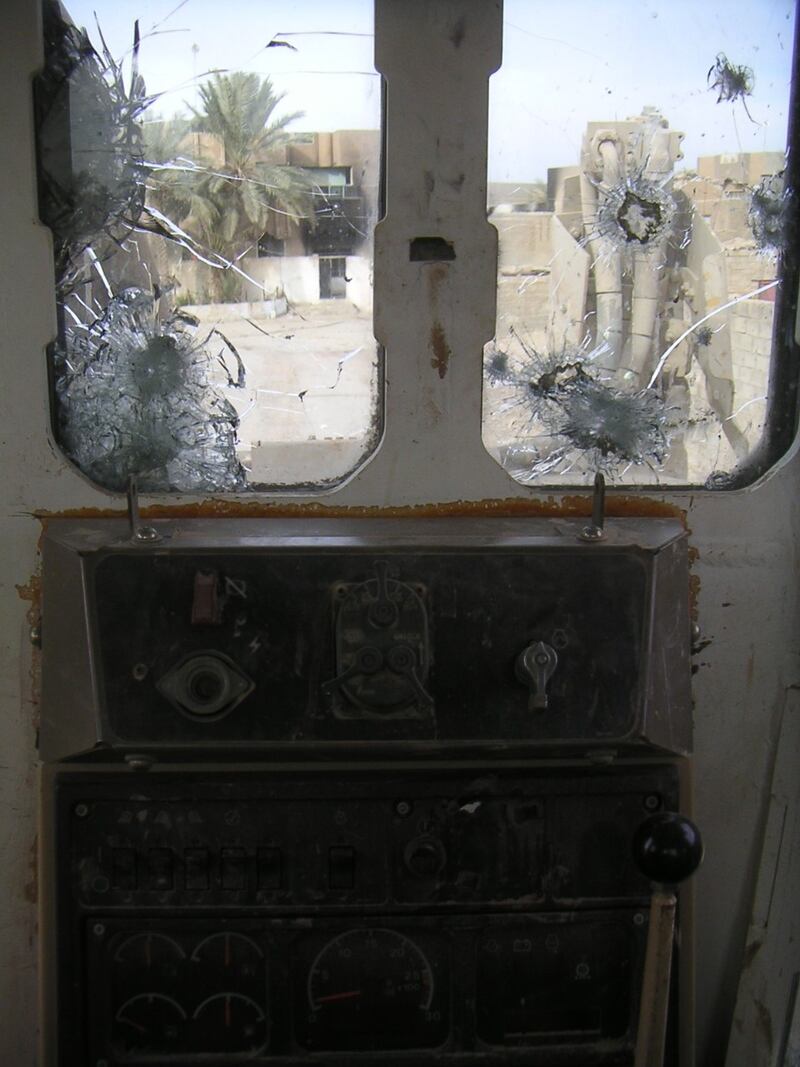 The view through front windows of Cpl. Stephen Berge's D9 bulldozer. (Stephen Berge)