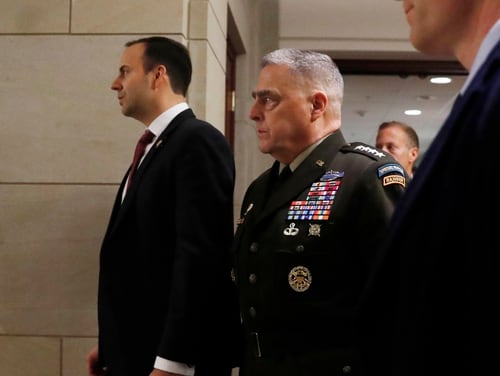 Gen. Mark Milley, the chairman of the Joint Chiefs of Staff, arrives to brief Senators on the details of the threat that prompted the U.S. in the targeted killing of Iranian Gen. Qassem Soleimani in Iraq, Wednesday, Jan. 8, 2020 on Capitol Hill in Washington. (Jacquelyn Martin/AP)