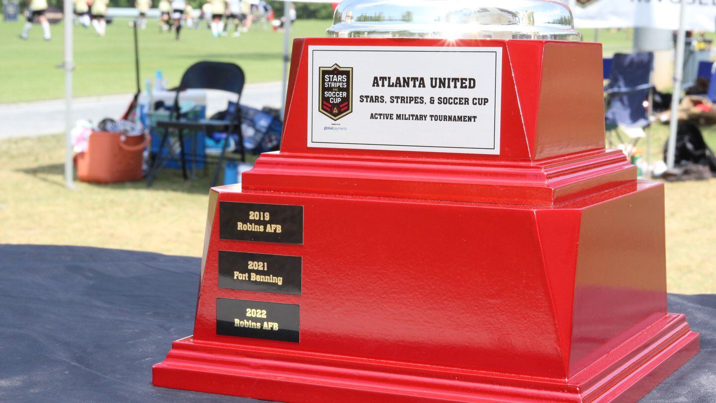 The active duty Stars Stripes and Soccer Cup trophy as seen on June 3 at Atlanta United FC's training facility amid the fourth annual iteration of the charity tournament. A team from Fort Novosel, Alabama, defeated the soldiers of Georgia's Fort Moore to win the 2023 competition. (Davis Winkie/Staff)