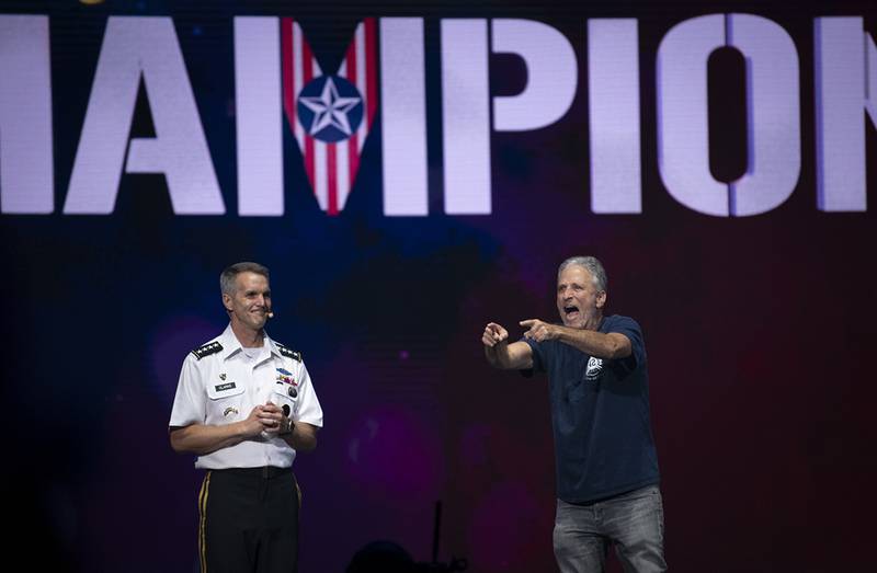 Actor John Stewart acknowledges the athletes at the 2019 DoD Warrior Games closing ceremony in Tampa, Fla., June 30.