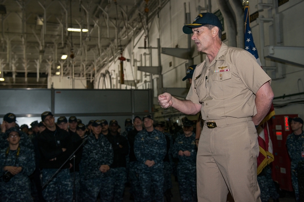 Chief of Naval Personnel Vice Adm. Bill Moran, addresses the crew of the aircraft carrier USS Ronald Reagan (CVN 76). (U.S. Navy)