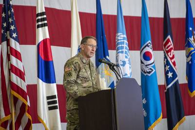 Gen. Robert “Abe” Abrams, commander of United Nations Command/Combined Forces Command/United States Forces Korea, delivers a speech as the presiding official over the change of command of the Air Component Command and the change of responsibility for the deputy commander of USFK at Osan Air Base, ROK, June 12, 2020.