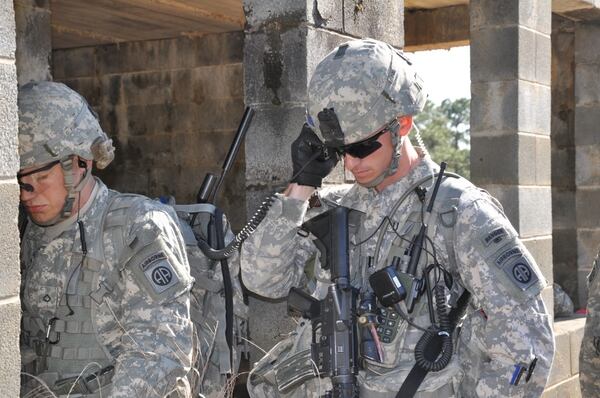 Paratroopers from 3rd Brigade Combat Team, 82nd Airborne Division, use Rifleman Joint Tactical Radio System radios to communicate during a field exercise at Fort Bragg, N.C., in March, 2011.