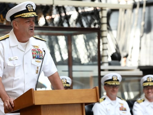 Naval Special Warfare commander Rear Adm. Collin P. Green delivered remarks during a July 30 change of office ceremony in Washington, D.C. (Laura Lakeway/Navy)