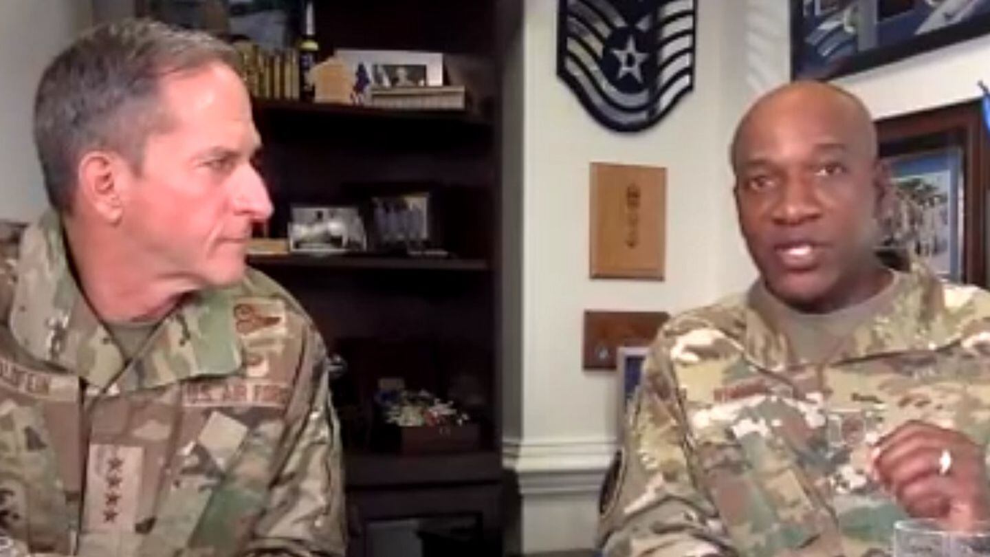 Retired Air Force Chief of Staff Gen. Dave Goldfein, left, and retired Chief Master Sergeant of the Air Force Kaleth Wright discussed during a virtual town hall June 3, 2020, how the service could improve racial equality in its ranks. (Facebook)