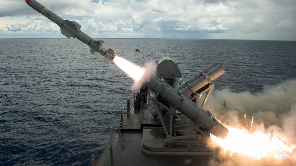 A Harpoon missile launches from the missile deck of the U.S. Navy littoral combat ship Coronado off the coast of Guam on Aug. 22, 2017. (MC2 Kaleb R. Staples/U.S. Navy)