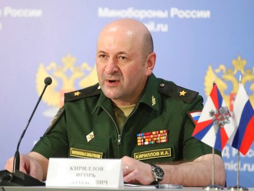 Maj. Gen. Igor Kirillov, the chief of the Russian military's radiation, chemical and biological protection unit, attends a briefing in Kubinka Patriot park outside Moscow on June 22, 2018. Russia said Friday that the U.S. and its allies have relied on fabricated evidence to accuse the Syrian government of launching chemical attacks against civilians. (AP)