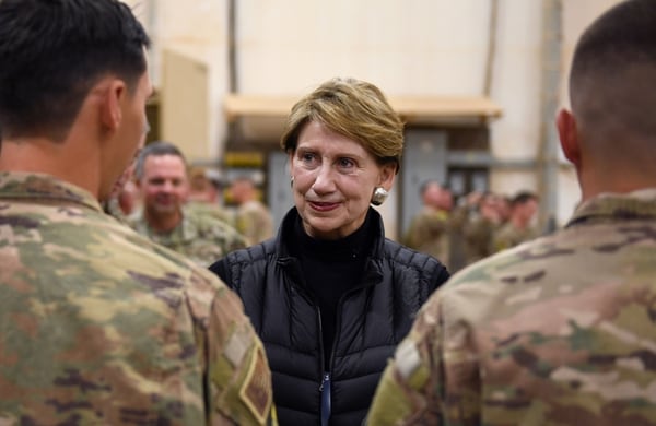 Secretary of the Air Force Barbara M. Barrett speaks to Airmen deployed to the 724th Expeditionary Air Base Squadron during her visit to Nigerien Air Base 201, Niger, Dec. 21, 2019. (Staff Sgt. Alex Fox Echols III/Air Force)