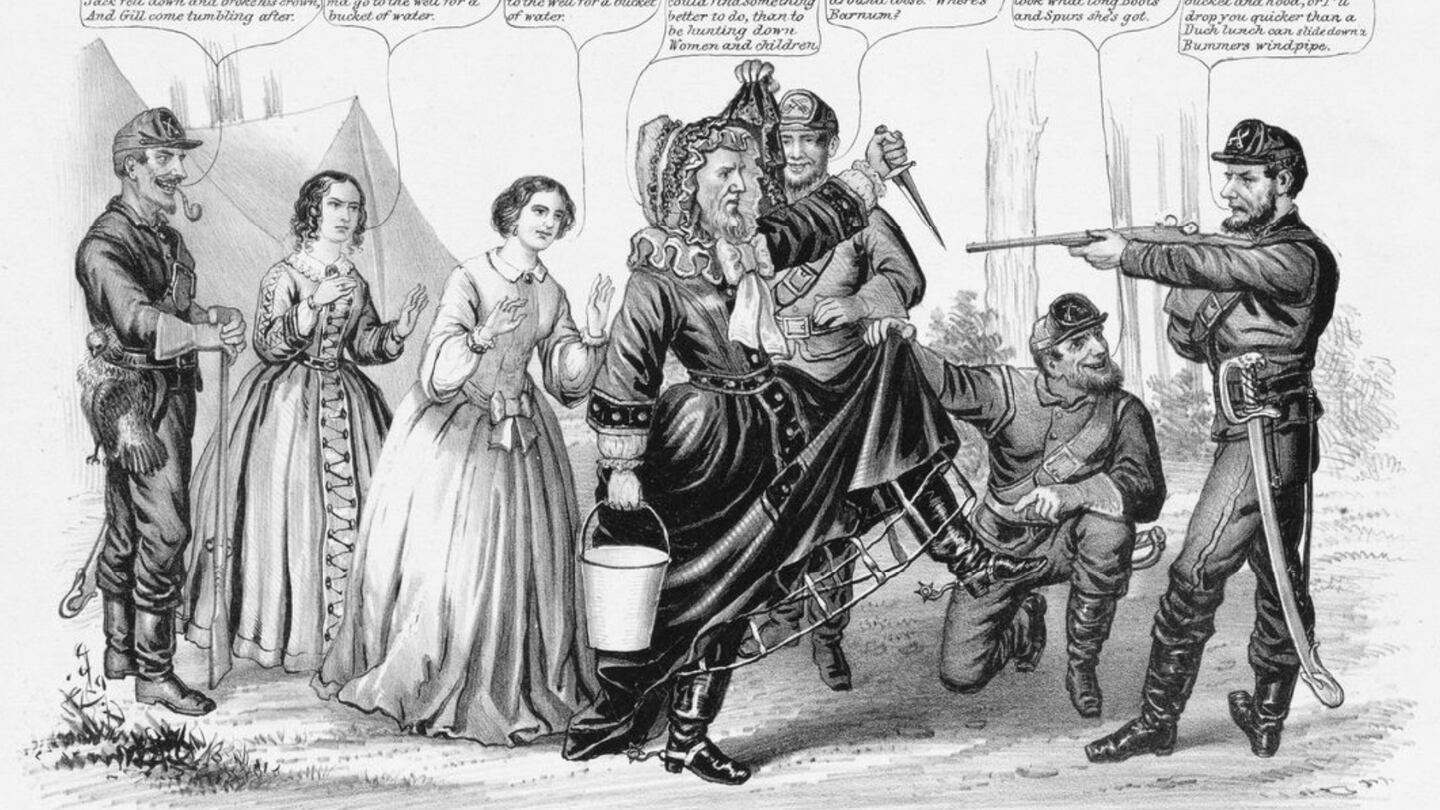 An 1865 cartoon depicts Jefferson Davis' alleged escape attempt in a hoop skirt. (J. L. Magee via the Library of Congress)