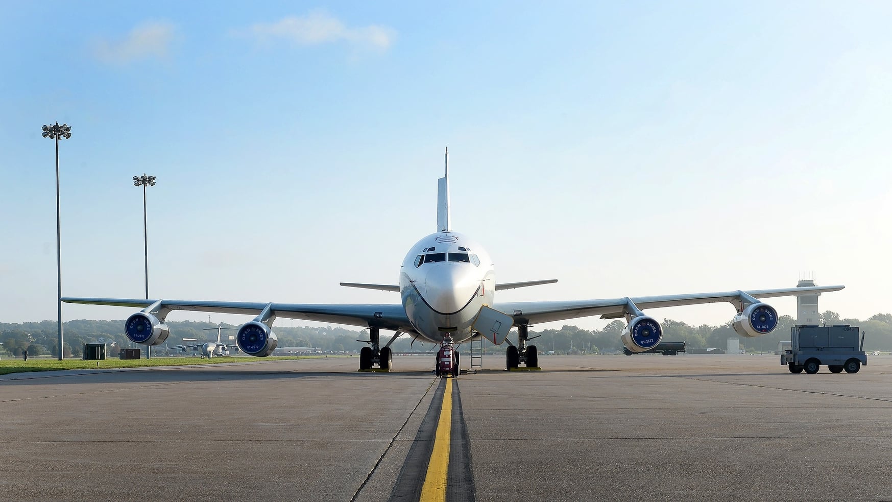 An OC-135 Open Skies aircraft parked on a ramp at Offutt Air Force Base, Neb., on Sept. 14, 2018. (Charles J. Haymond/U.S. Air Force)