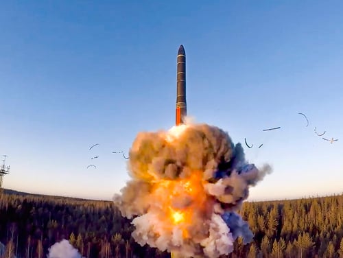 In this file photo taken from a video distributed by Russian Defense Ministry Press Service, on Dec. 9, 2020, a ground-based intercontinental ballistic missile was launched from the Plesetsk facility in northwestern Russia as part of military drills. (Russian Defense Ministry Press Service via AP)
