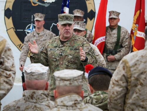 Then-commanding general of the International Security Assistance Force, now-Chairman of the Joint Chiefs of Staff Army Gen. Mark Milley speaks to troops at Camp Leatherneck in early 2014. (Marine Corps)