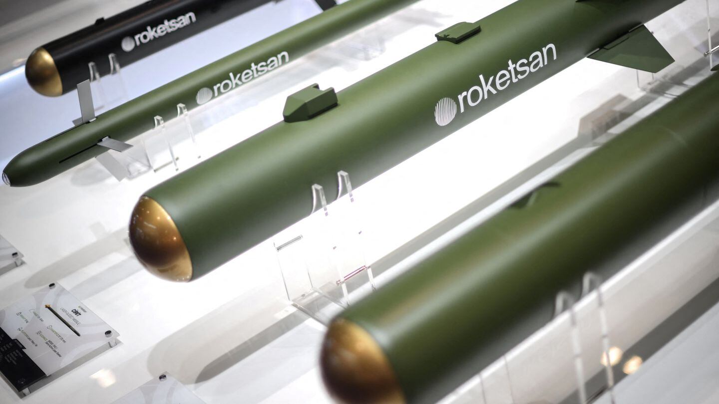 Missiles from Turkish company Roketsan are on display at the DSEI fair in London on Sept. 12, 2023. (Daniel Leal/AFP via Getty Images)