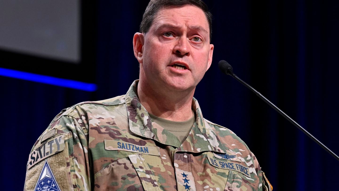 Chief of Space Operations Gen. Chance Saltzman delivers a keynote address on the state of the U.S. Space Force during the Air and Space Forces Association's 2024 Air Warfare Symposium in Aurora, Colo., Feb. 13, 2024. (Eric Dietrich/Air Force)