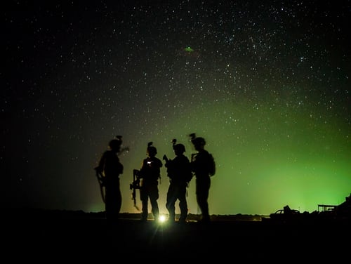 U.S. soldiers from the 101st Airborne Division standby for their night guard shift in east Africa, Kenya, Jan. 20, 2020. (Staff Sgt. Shawn White/Air Force)