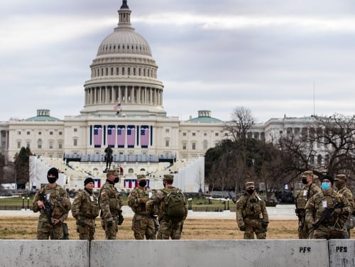 Georgia Army National Guardsmen from various units of the Macon-based 48th Infantry Brigade Combat Team take up security positions outside the U.S. Capitol on Jan 19, 2021. (Sgt. 1st Class R.J. Lannom Jr./Army National Guard)