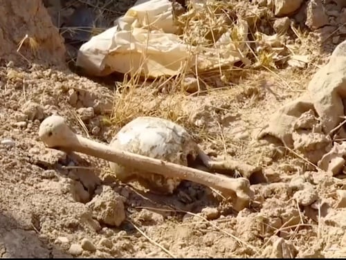 In this Saturday, Nov. 11, 2017, frame grab from video, bones lie on the ground in an area recently retaken from the Islamic State group, at an abandoned base near the northern town of Hawija, Iraq. (Kirkuk Governor's Office via AP)