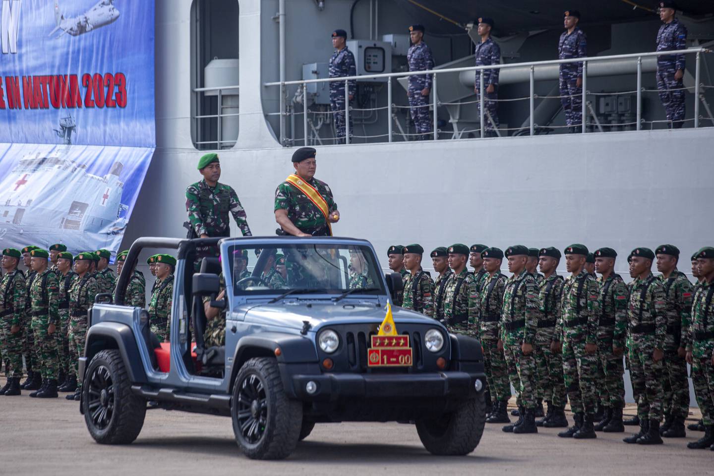 Indonesian Armed Forces Chief Adm. Yudo Margono inspect the troops during the opening ceremony of the military non-combat exercise called ASEAN Solidarity Exercise at Batu Ampar Port on Batam island, Indonesia, Tuesday, Sept. 19, 2023.