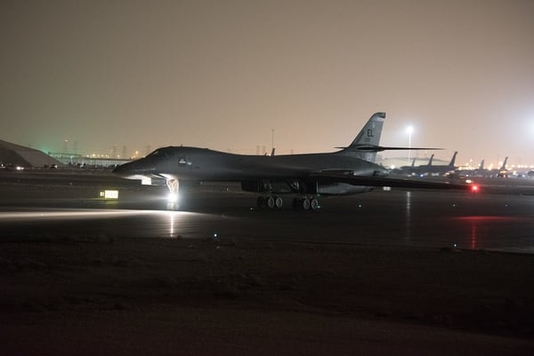 An American B-1B Lancer prepares to launch a strike mission from Al Udeid Air Base, Qatar. (Master Sgt. Phil Speck/U.S. Air Force)