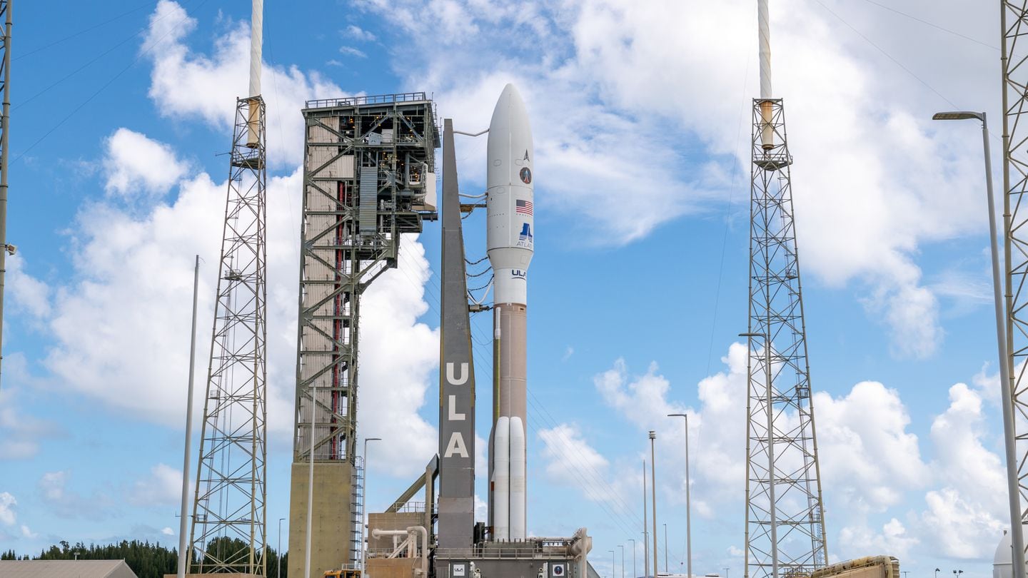 A United Launch Alliance Atlas V rocket is placed on the launch pad at Space Launch Complex 41 at Cape Canaveral Space Force Station, Fla., June 29, 2022. (Joshua Conti/Space Force)