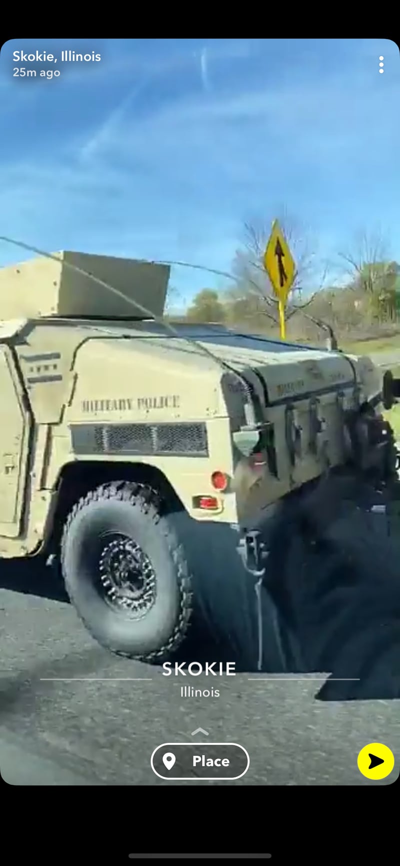 Screenshot of a public Snapchat post made from Skokie, Illinois, a suburb of Chicago, on Monday. The bumper stencils on this vehicle are similar to those on Illinois National Guard vehicles involved in previous Chicago-area activations. (Davis Winkie)