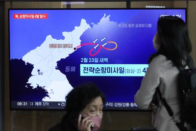 A TV screen displayed at the Seoul Railway Station in Seoul, South Korea, shows a news program reporting on North Korea's missile launch Friday, Feb. 24, 2023.