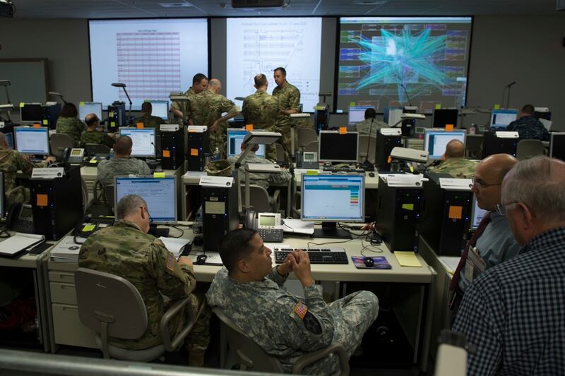SUFFOLK, Va. (June 16,2016) Participants at Cyber Guard 2016 works through a training scenario during the nine-day exercise Suffolk, Va., June 16, 2016. (DoD Photo by Navy Petty Officer 2nd Class Jesse A. Hyatt)