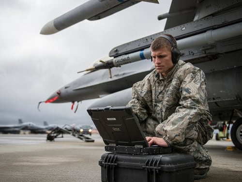 Staff Sgt. Zackery Coder, a crew chief, checks computer data to make sure the F-16 Fighting Falcon was ready for the next sortie during a Red Flag exercise in Alaska. The Air Force is looking to grow its ranks of cyber airmen in order to better protect the service’s networks. (Senior Airman Peter Reft/Air Force)