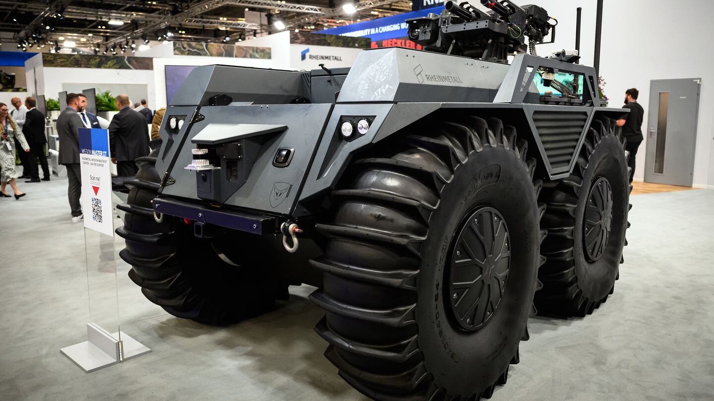 A Rheinmetall Mission Master unmanned ground vehicle was on display Sept. 12, 2023, at the DSEI fair. (Leon Neal/Getty Images)