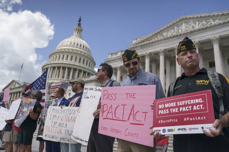 Veterans, military family members and advocates call for Senate Republicans to change their votes on a bill designed to help millions of veterans exposed to toxic substances during their military service, on the steps of the Capitol in Washington, Aug. 1, 2022.