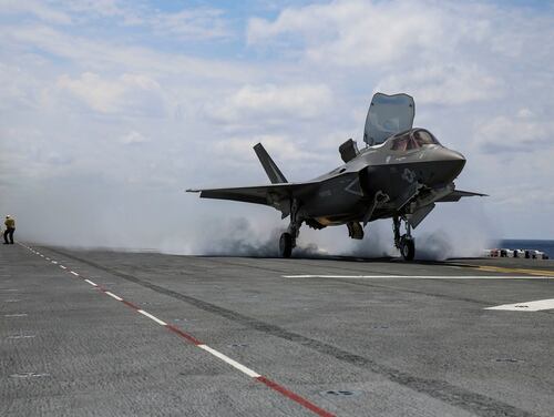 An F-35B Lightning II takes off on the flight deck of USS Wasp (LHD-1) during routine daylight operations, a part of Operational Testing 1, May 22. (Marine Corps photo by Cpl. Anne K. Henry/RELEASED)
